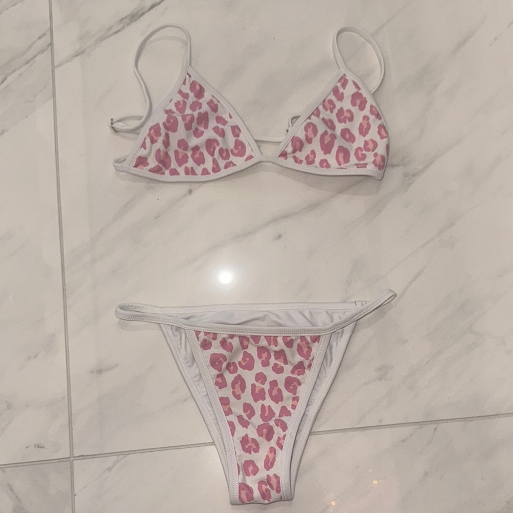 White and Pink Leopard Print Bikini S bottom/ M top